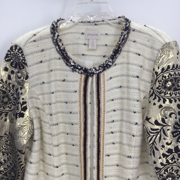 Chico’s Versailles Sleeve Pattern Metallic Wool Blend Jacket Career Creme Size 2 - Picture 4 of 10